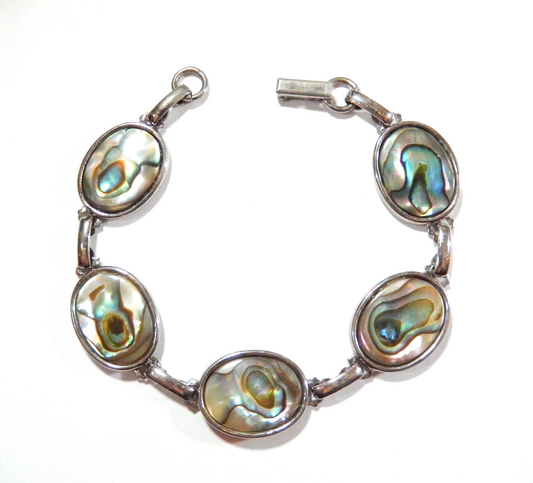 ~VINTAGE~  Hoffman Abalone Linked Bracelet Oval Silver Tone Chain Shell 7.25"