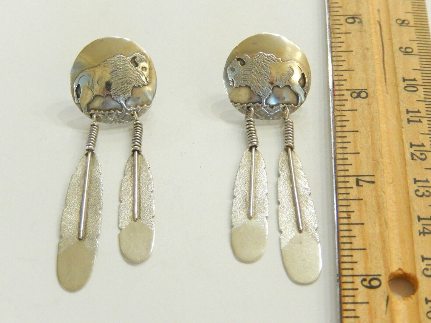 *VINTAGE*  J C Delgarito Navajo Sterling Silver Buffalo Concho Feather Earrings