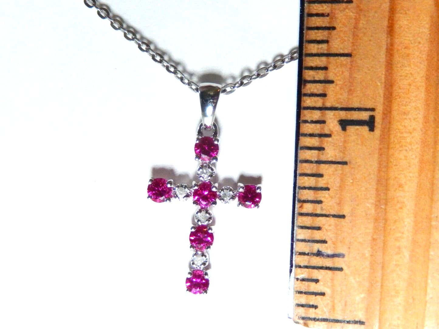 SOLID 10K White Gold Ruby & Diamond Cross Pendant w/18" Chain