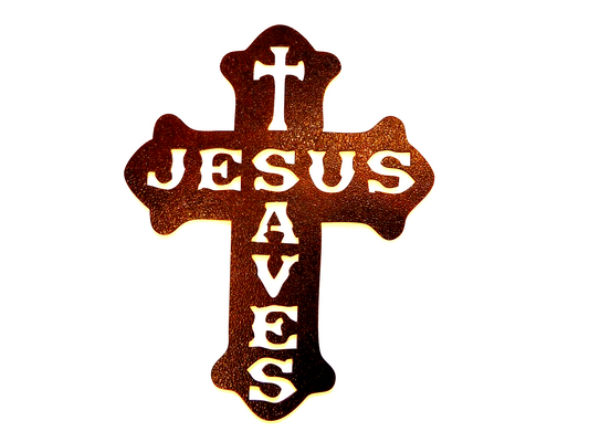 ~NEW~ 4ga. "JESUS SAVES CROSS" Metal Wall Art Copper Tone Powder Coated 12"x9.5"
