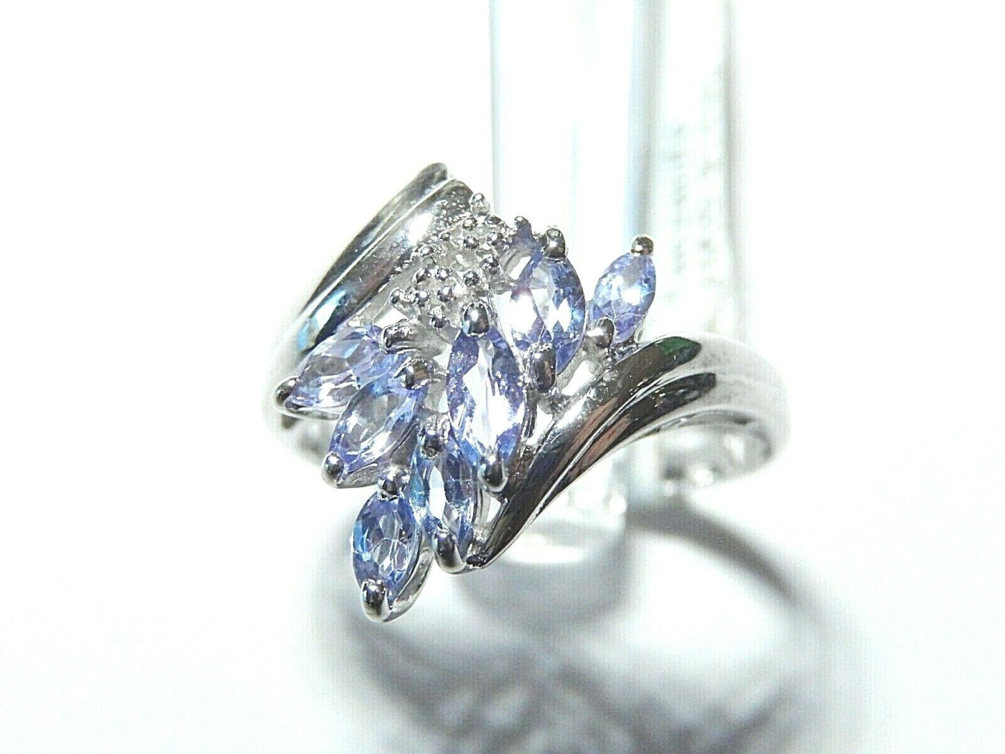 *NWT* 10K White Gold  Marquise Tanzanite & Diamond Fancy Cluster Ring  Size 7.5