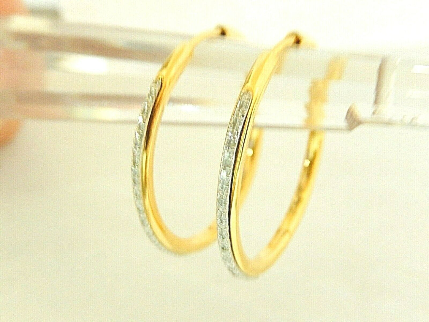 14K Gold Vermeil on Sterling Real 32 Diamond Large 30mm  Hoop Pierced Earrings