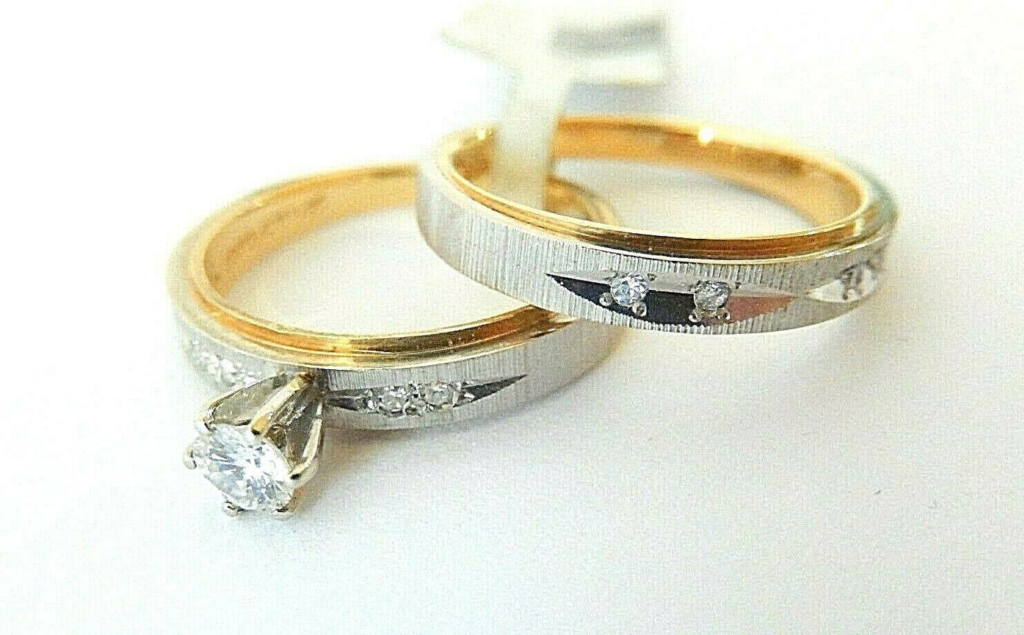 14K Two Tone Gold Diamond Bridal Set Engagement Ring Wedding Band Sz 5.25