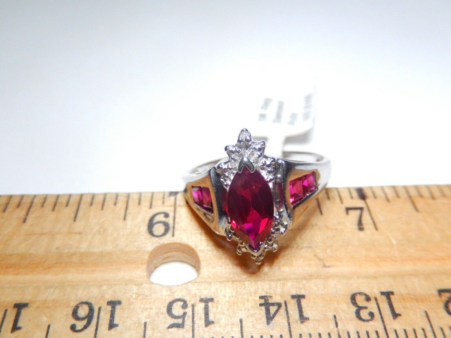 *NWT* 10k White Gold Lab Created Marquise Ruby And Diamond Ring Sz 8