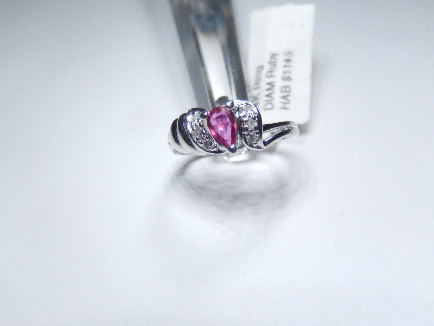 *NWT* 14k White Gold Lab Created Pear Shape Ruby And Diamond Ring Size 3.75