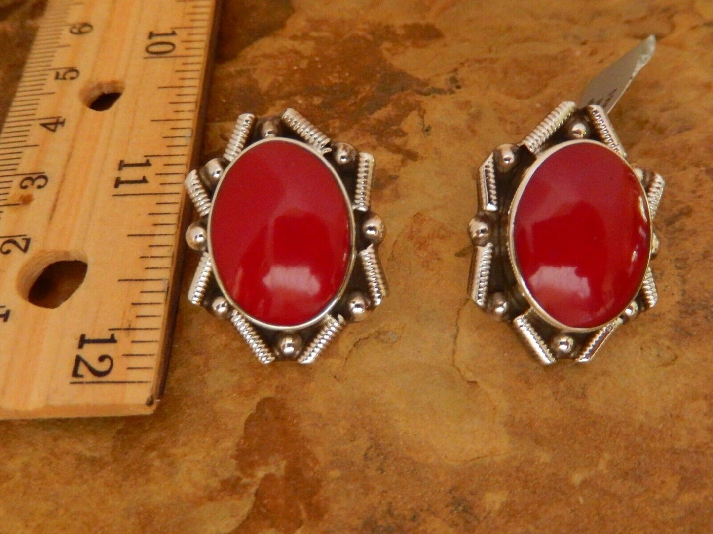 Vtg 1960's Sterling Silver 925 Large Red Coral Mexico Earrings  19gms 1.25"x7/8"