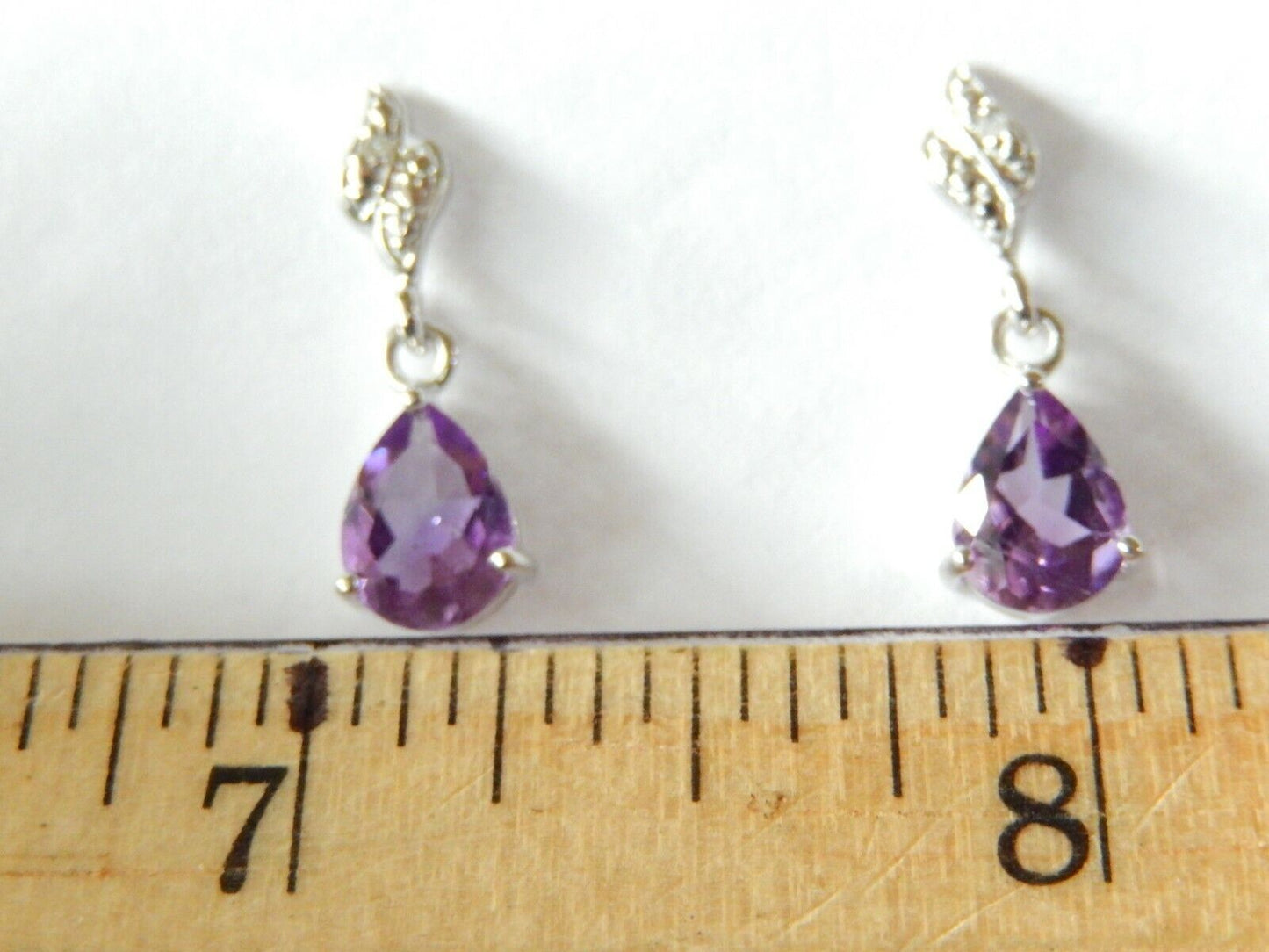 *NEW* 10K Solid White Gold 2.00CT Pear Amethyst & Diamond Drop Dangle Earrings