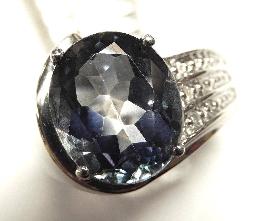 10k White Gold 4CT Blue Topaz & Natural Diamonds Ladies Ring Size 7