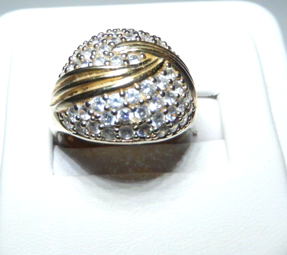 14K Yellow Gold Vermeil Sterling Pave CZ Dome Ring, Size 7.25
