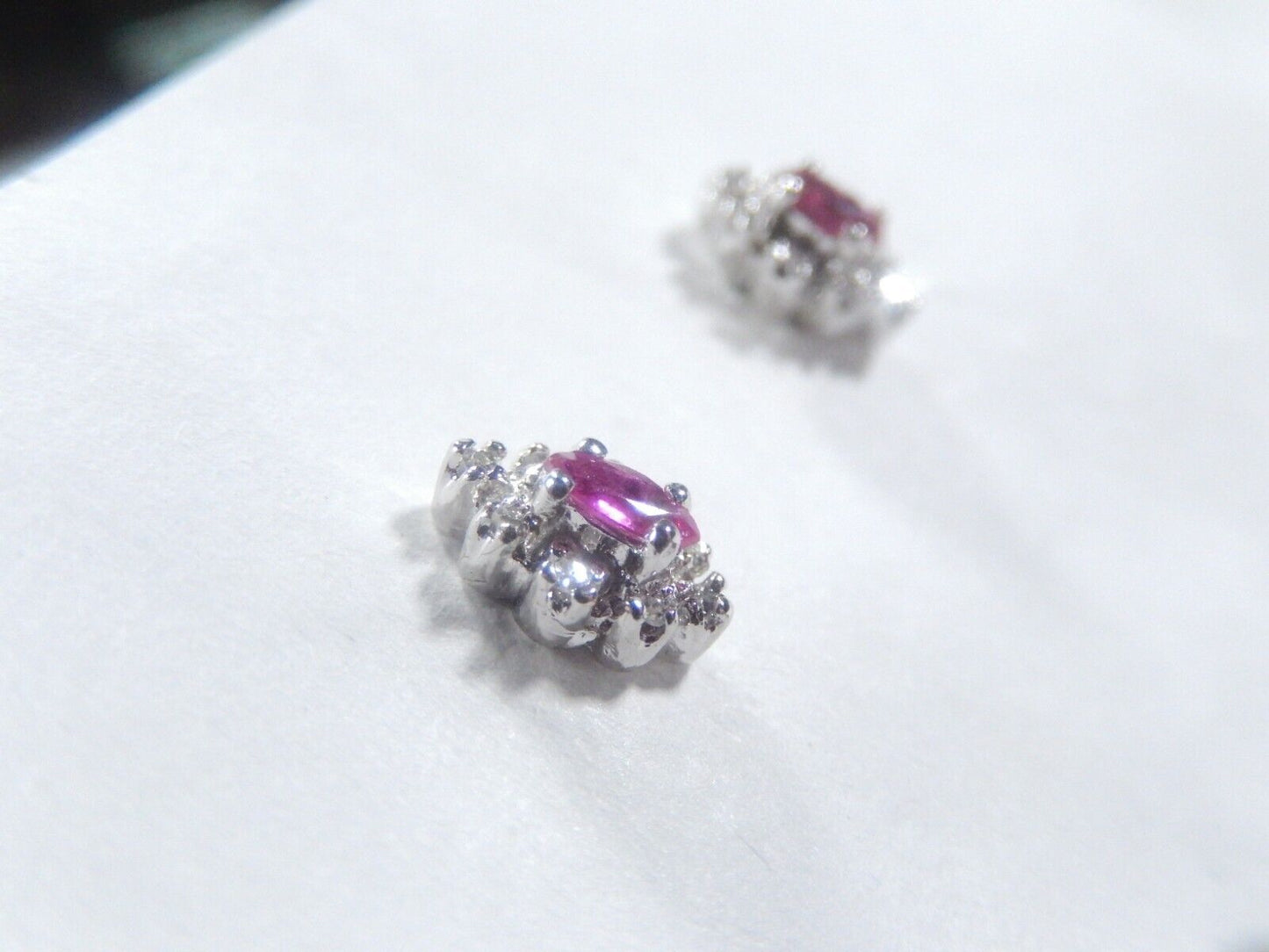 14k Solid White Gold Natural Ruby 16 Diamond Halo  Ear Studs