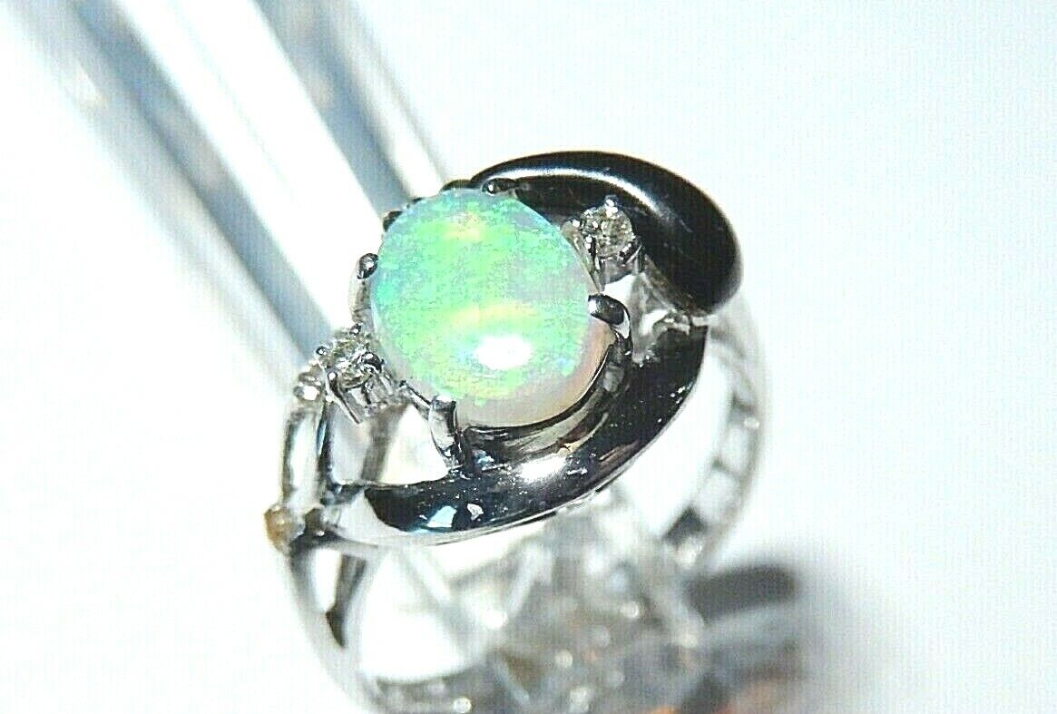 *VINTAGE*  14K  White Gold OPAL and Black Onyx & Diamond Ring Size 6.5