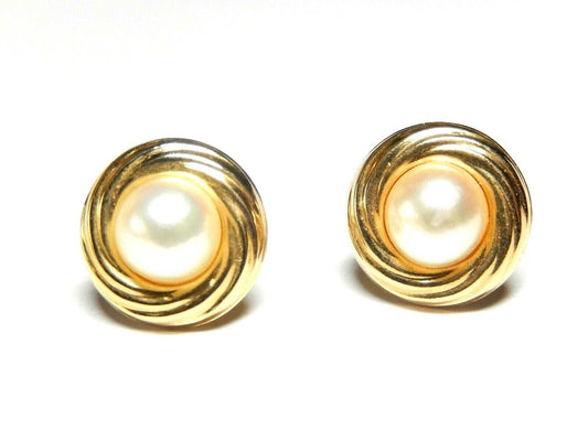 *VINTAGE*  14k Yellow Gold Designer Pearl 6.5 mm Pierced Stud Earrings
