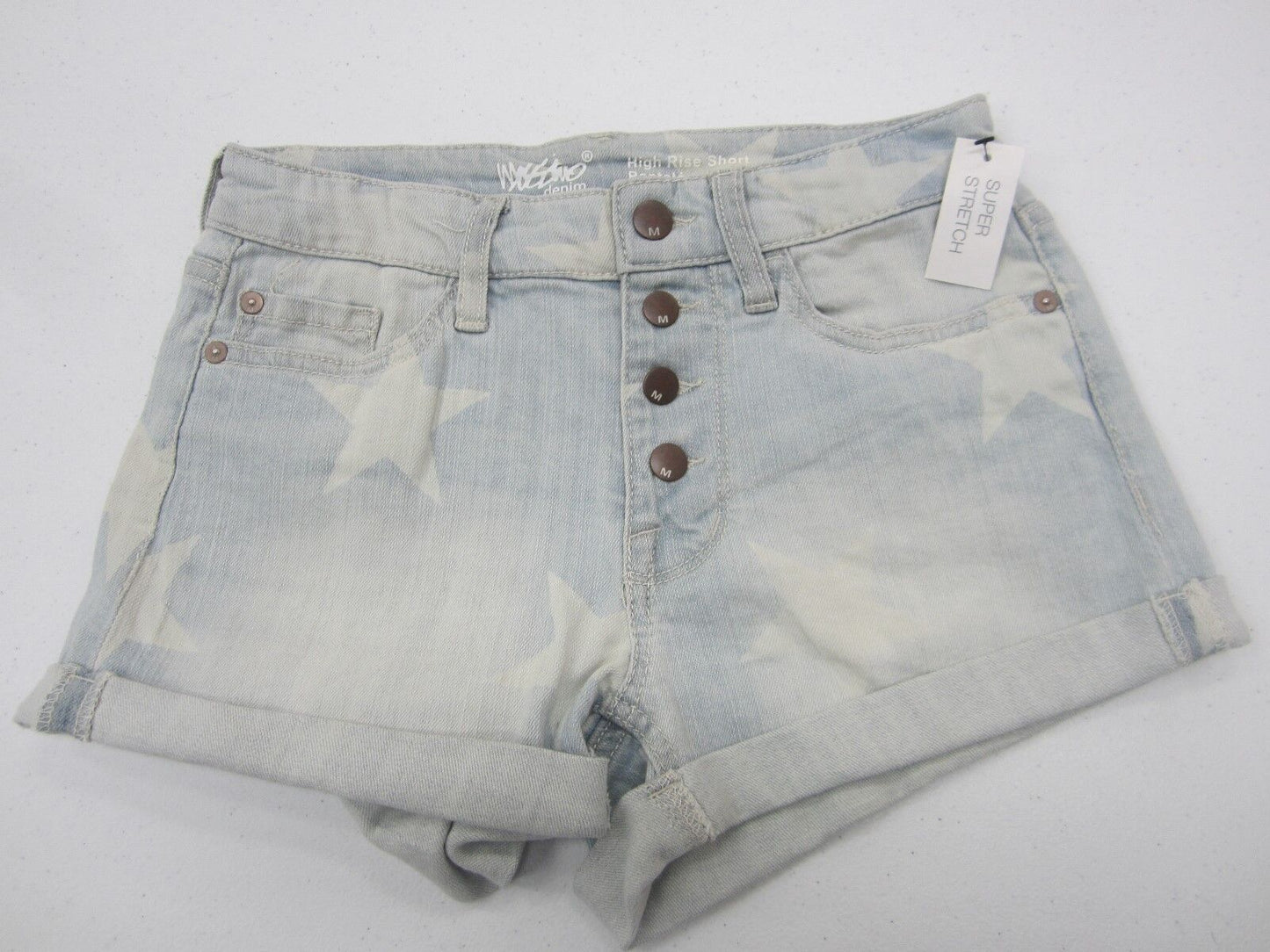 Mossimo Womens Stretch Denim High Rise Shorts Distressed Faded Blue White Stars