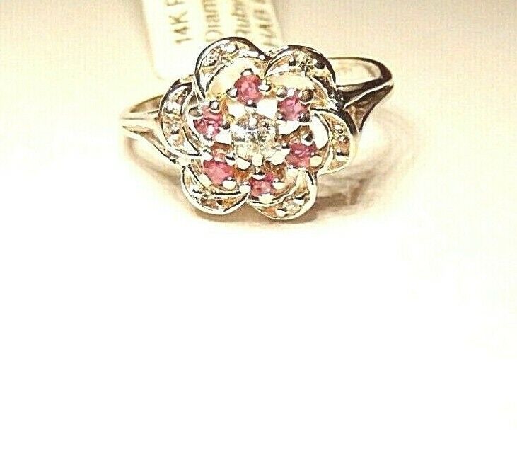 *NWT*  14K White Gold Natural Ruby Diamond Three Tier Cluster Ring Size 6.75