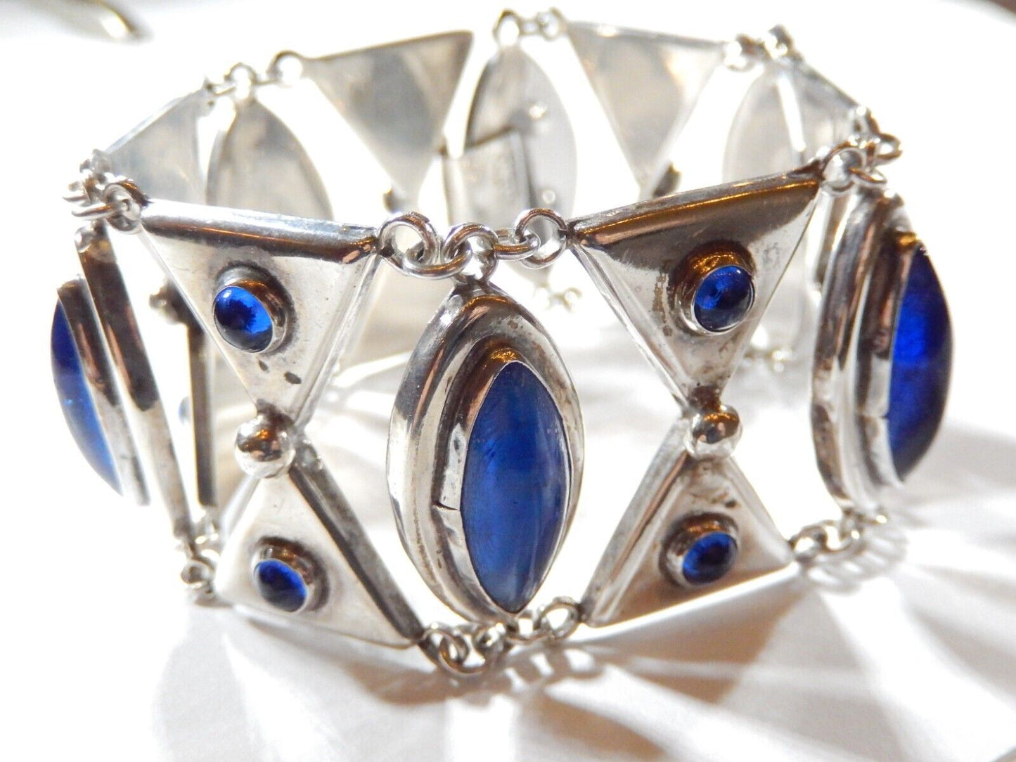 VINTAGE Mexico Sterling Silver Rare Blue Cabochon Cut Glass Panel Bracelet 7.25"