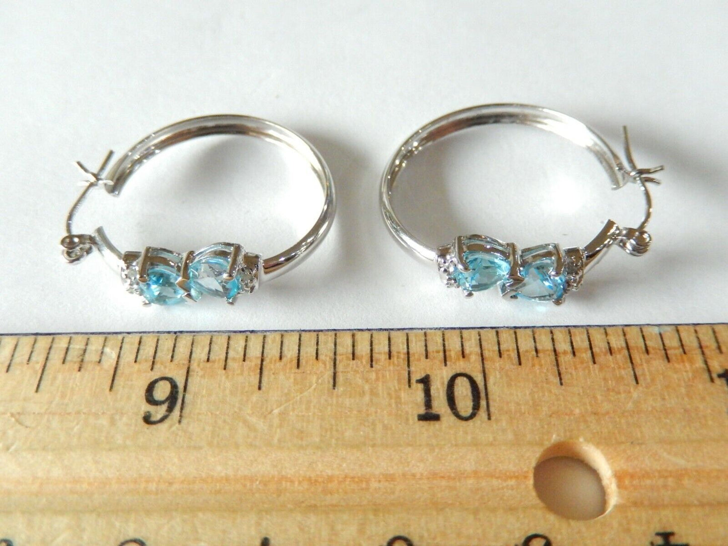 *NEW* 10K White Gold  LARGE 2.00CT BLUE TOPAZ AND DIAMONDS 25mm HOOP EARRINGS