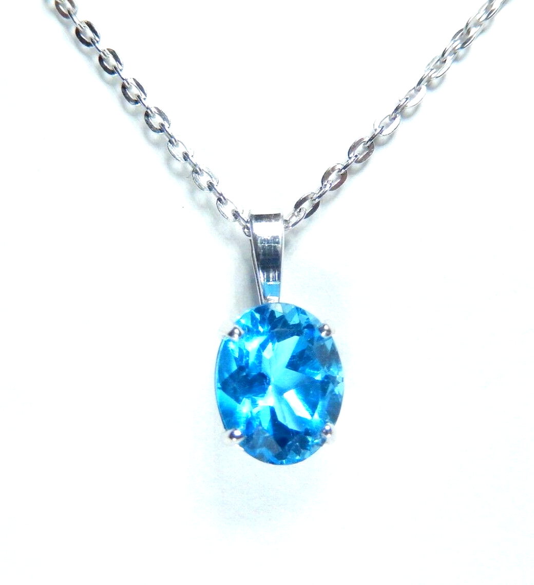 14K White Gold 2.00CT Ct Oval Cut Blue Topaz Solitaire Pendant With 18" Chain