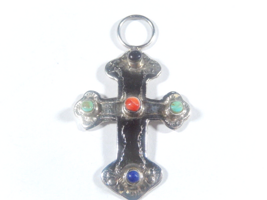 Vintage  Pendant 925 STERLING SILVER Cross Multi Color Stone