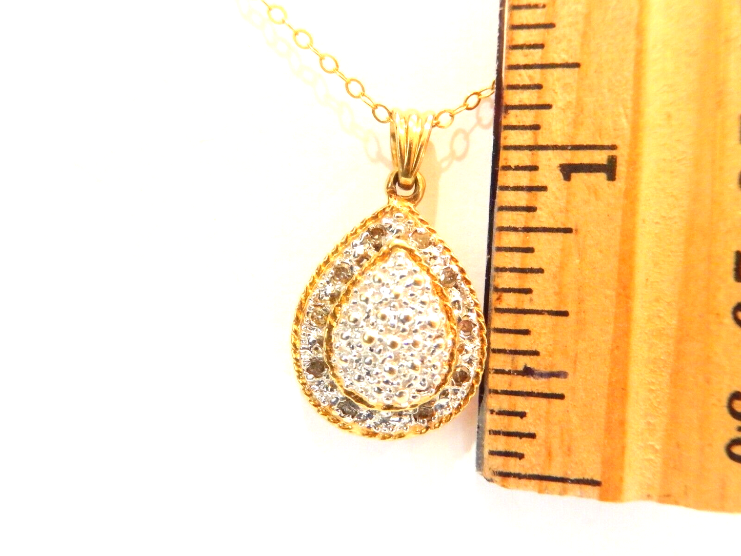 LARGE - 10K Yellow Gold  Diamond Cluster Halo Teardrop Pendant w/20" Chain
