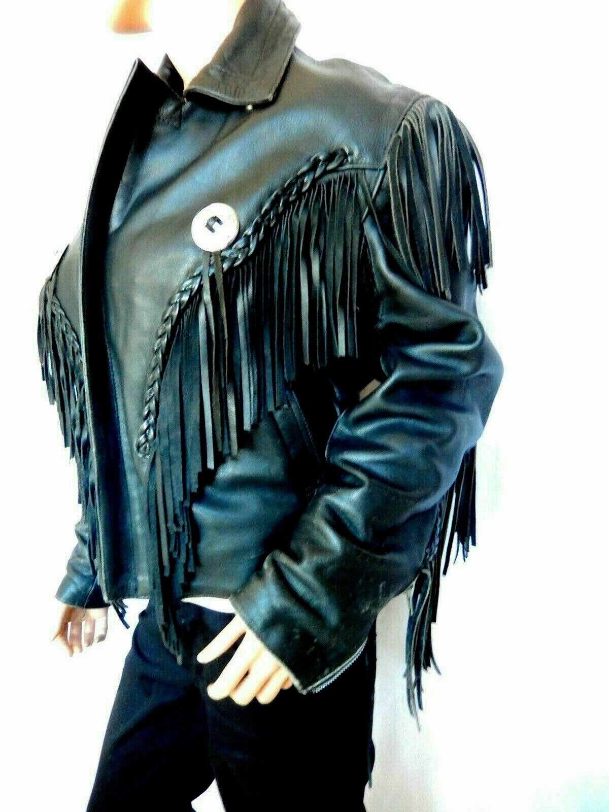 *VINTAGE* Mens Biker Motorcycle Black Heavy Leather Insulated Fringe Jacket Sz S