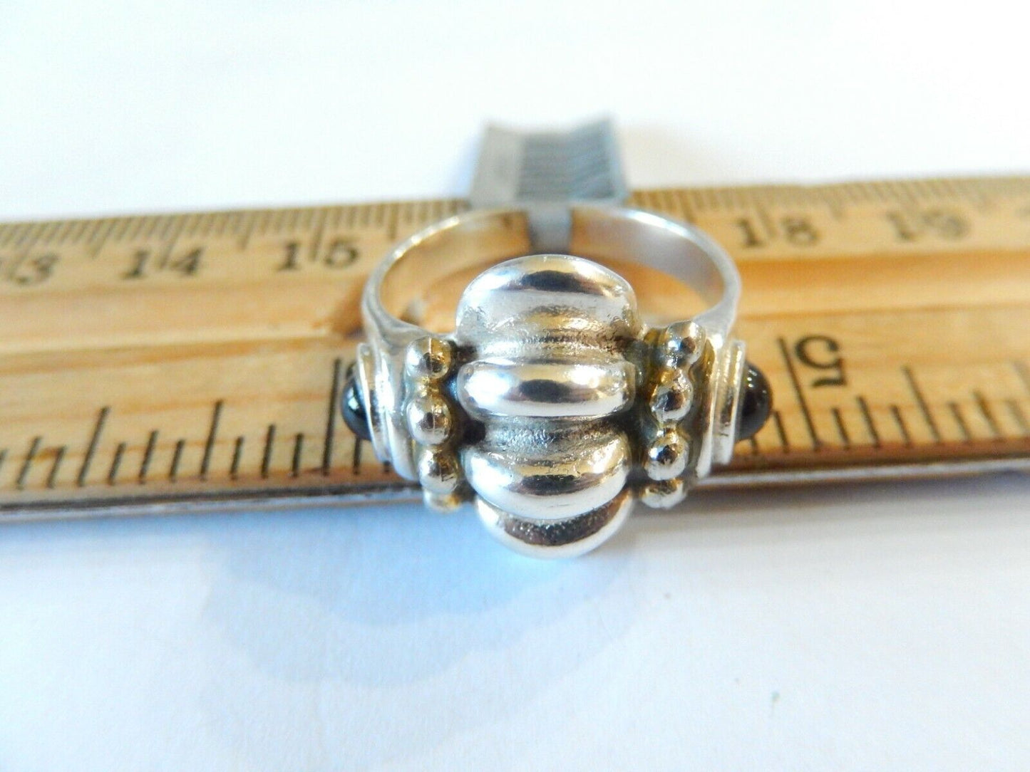 *VINTAGE*  925 Sterling Silver Real Black Onyx Gemstone Ribbed Ring Size 8.25