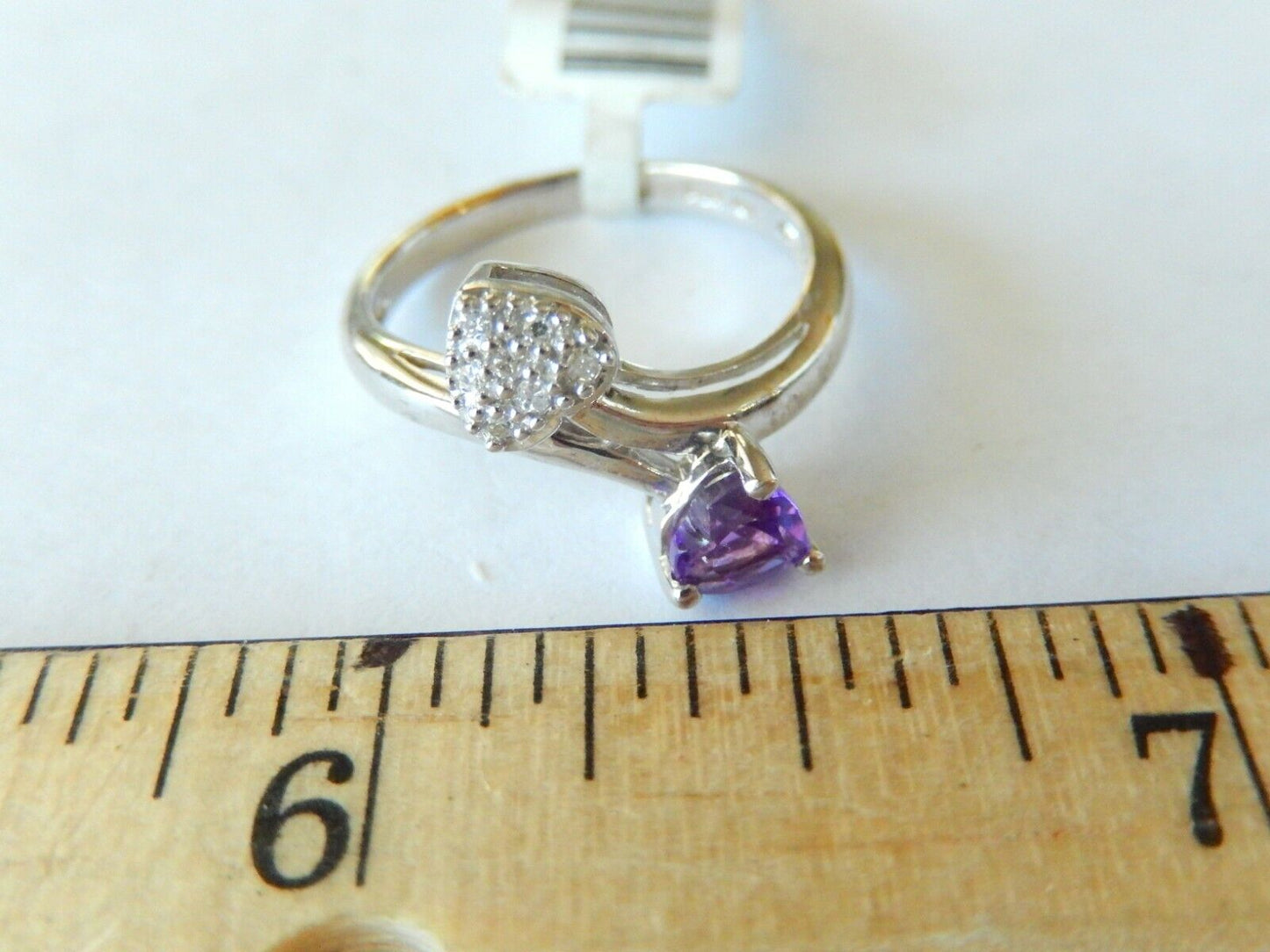 *NWT* 10k White Gold Ladies Heart Amethyst & Heart Diamond Bypass Ring Sz 7.25