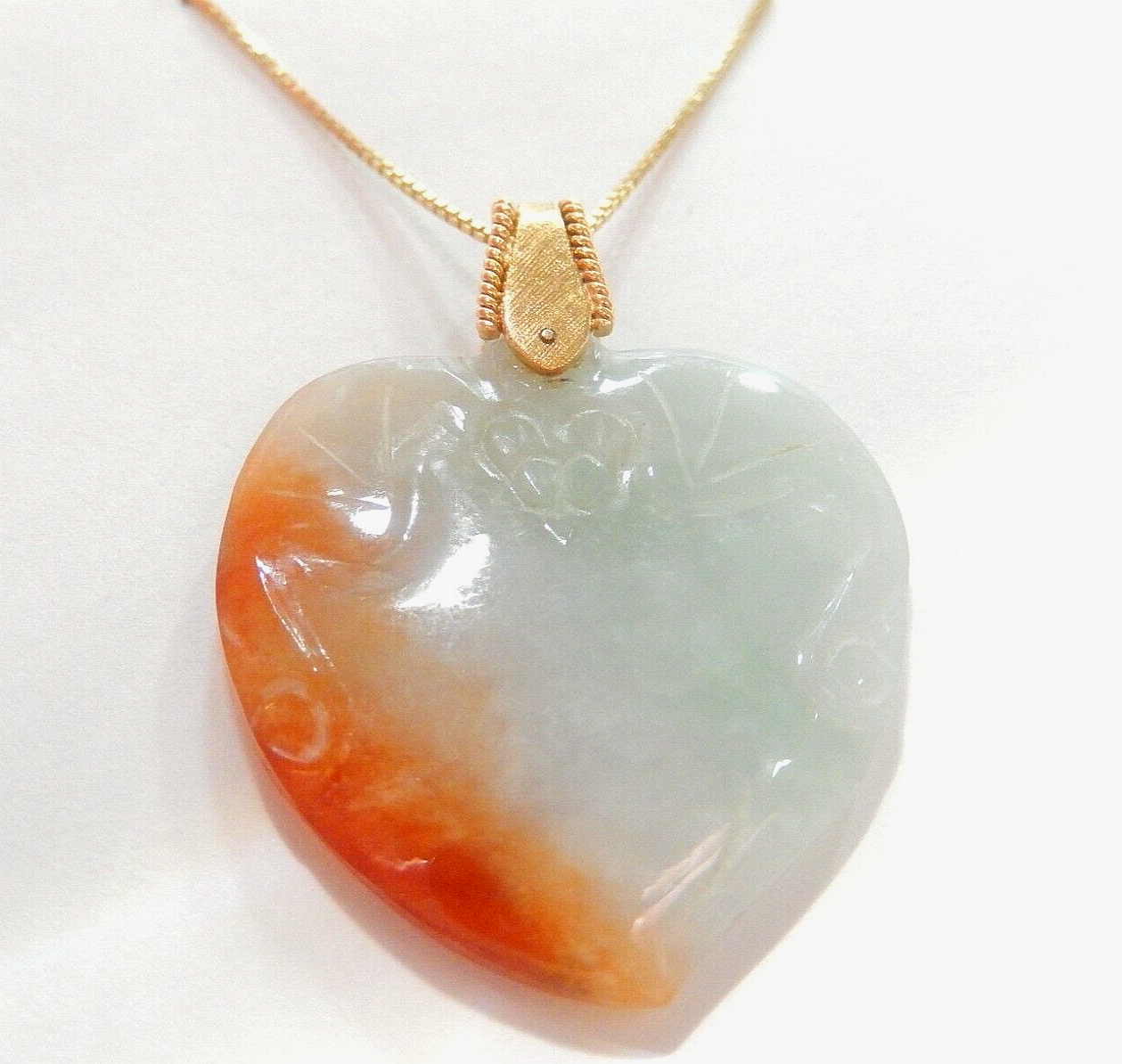 VINTAGE- Large 14k Yellow Gold Chinese Carved Jadeite Jade Heart Pendant w/18"ch