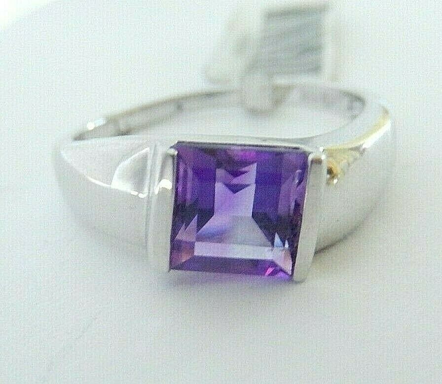 Natural  Amethyst Half Bezel Set Ring in 14k White Gold Sz 10