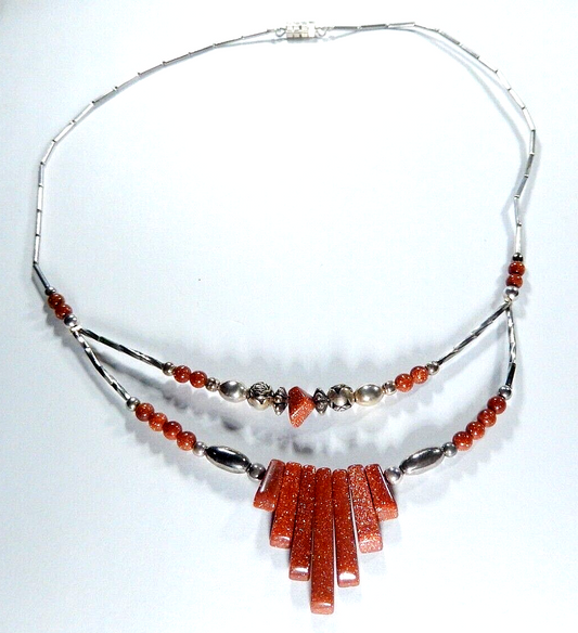 *VINTAGE* SOUTHWEST Sterling Liquid Silver Beaded  Orange Goldstone 18" Necklace