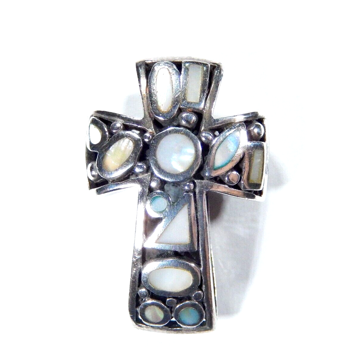 *VINTAGE*  Sterling Silver Mother of Pearl & Filigree Reversable Cross Pendant