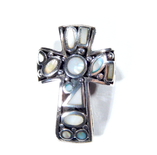 *VINTAGE*  Sterling Silver Mother of Pearl & Filigree Reversable Cross Pendant