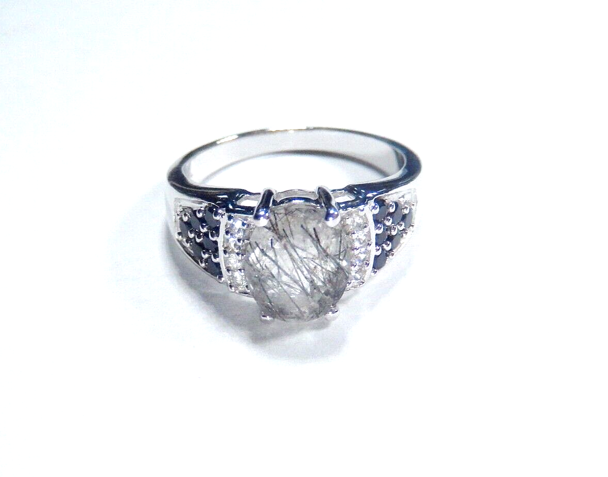 *UNIQUE*  STERLING SILVER & BLACK ONYX & LAB CREATED CENTER STONE SIZE 9