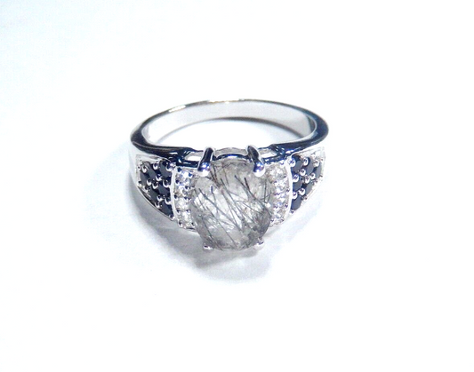 *UNIQUE*  STERLING SILVER & BLACK ONYX & LAB CREATED CENTER STONE SIZE 9