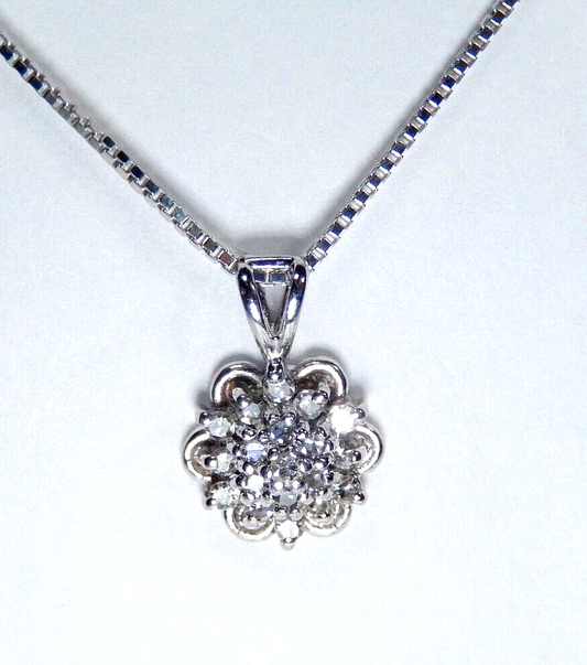 *VINTAGE*  14K White Gold Round 20 Natural Diamond Cluster Pendant w/18"chain
