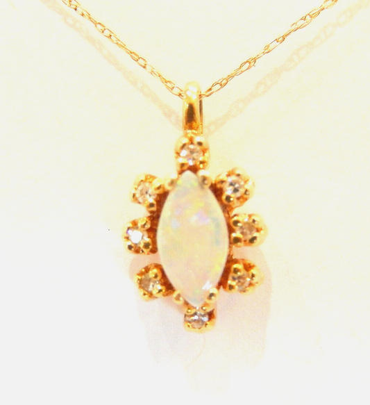 10k Yellow Gold Marquise Opal And 8 Diamond Pendant with 18" 10K Chain