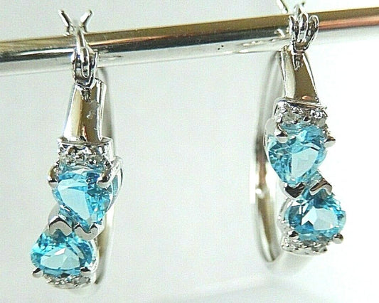 *NEW* 10K White Gold  LARGE 2.00CT BLUE TOPAZ AND DIAMONDS 25mm HOOP EARRINGS