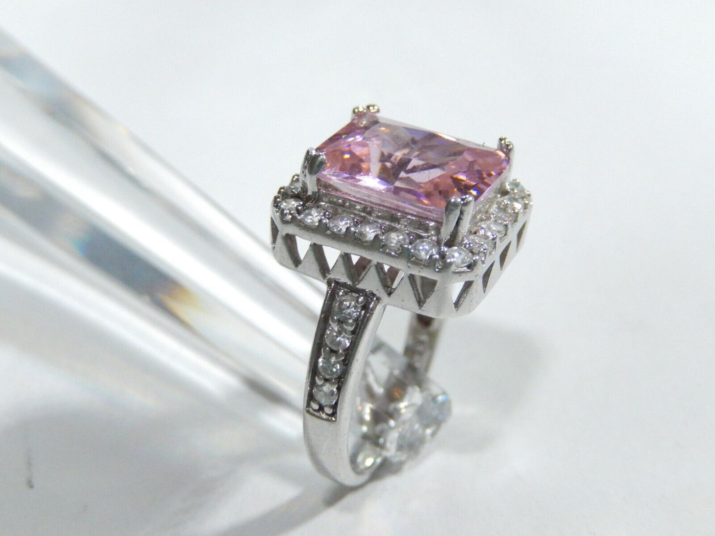 *VINTAGE* Sterling  CZ Pink & White 5.0CT Emerald Cut Cocktail Ring Sz 7
