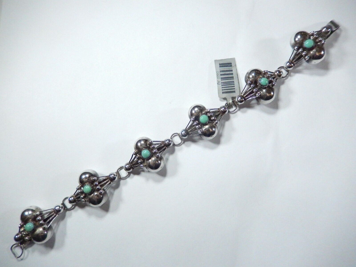 *VINTAGE Mexico FSS Sterling Silver Turquoise Ball Bead Design Link Bracelet 8”