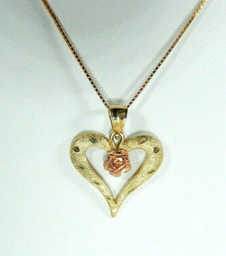 *NEW* 14K Yellow & Rose Gold TexturedDiamond Cut Heart Pendant w/ 18" 14K Chain
