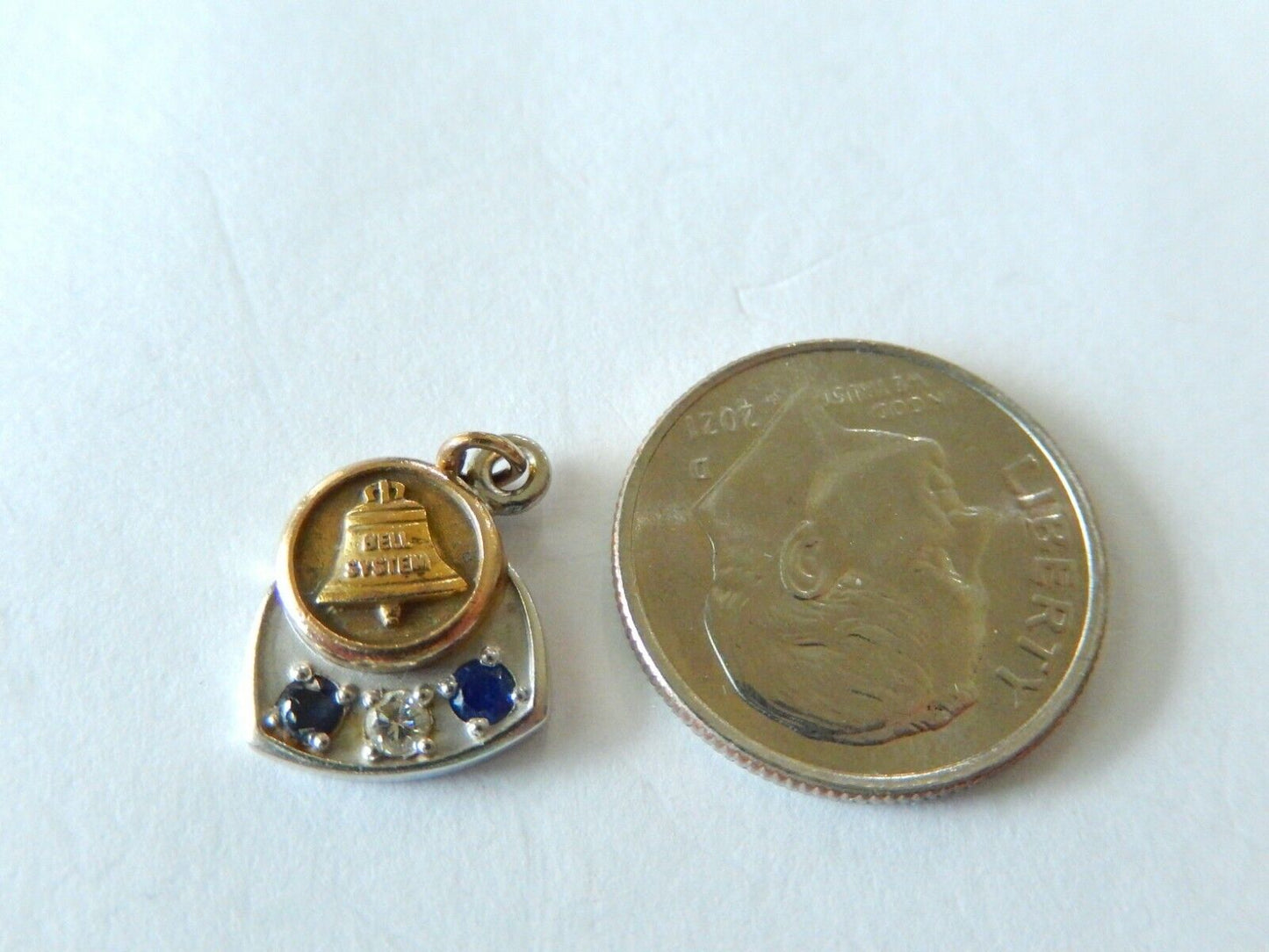 *VINTAGE* 10k White Gold Sapphire & Diamond Bell Telephone  Pendant  / Charm