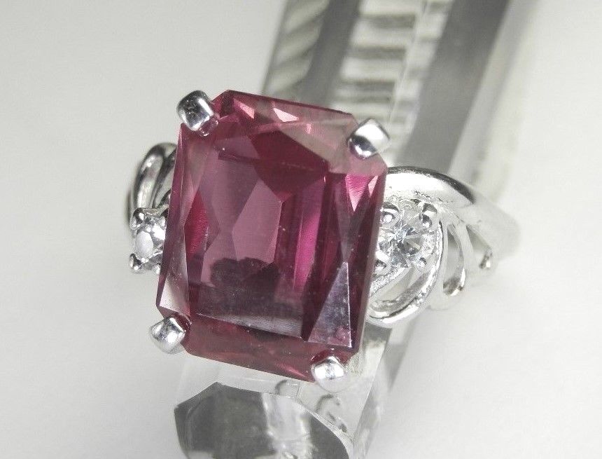 10k White Gold Diamond & Emerald Cut Lab-Created 3.75CT Ruby Solitaire  Sz 4.75