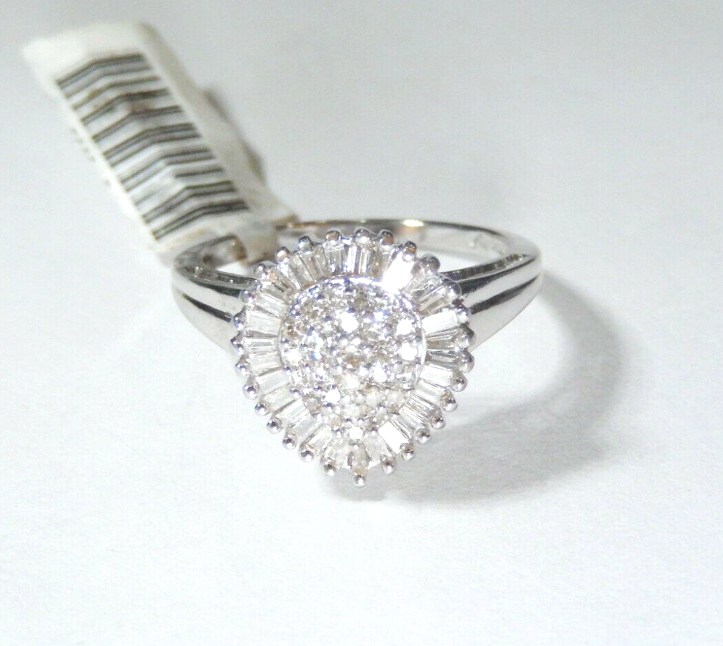 *NWT*  10K White Gold .75 CT Round Baguette Cut Diamond Pear Shape Cocktail Ring