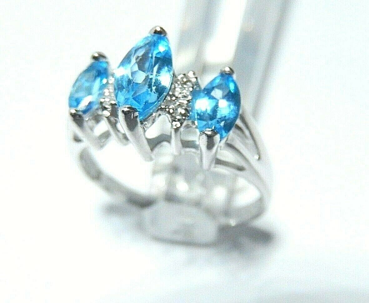 14K WHITE GOLD MARQUISE CUT BLUE TOPAZ AND DIAMONDS 1CT RING SIZE 7
