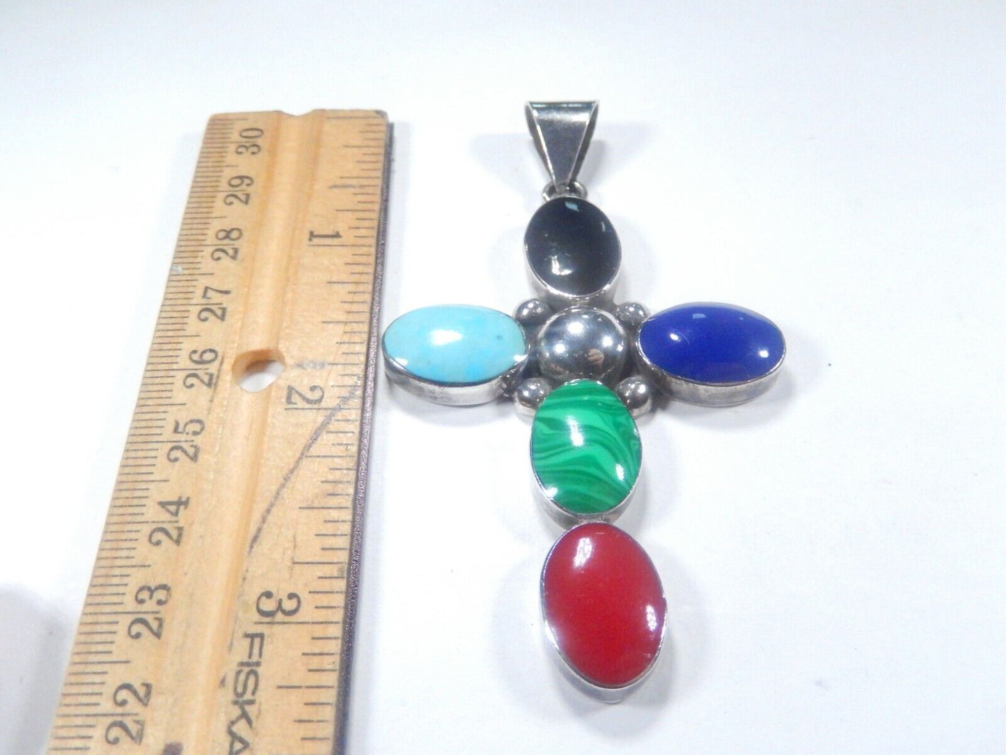 *VINTAGE*  Large Sterling Taxco Mexico Multi Gemstone Cross Pendant 3.5" Tall