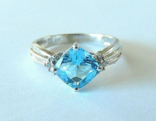 10K White Gold Vintage Genuine Cushion-cut Blue Topaz and Diamond Ring Sz 6.25