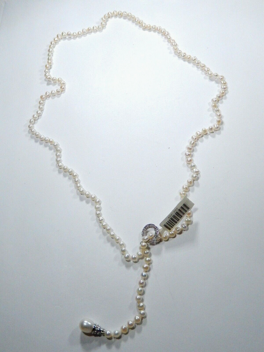 *VINTAGE*  14k White Gold  4.25 mm 24" Pearl Necklace with Slide Diamond Clasp