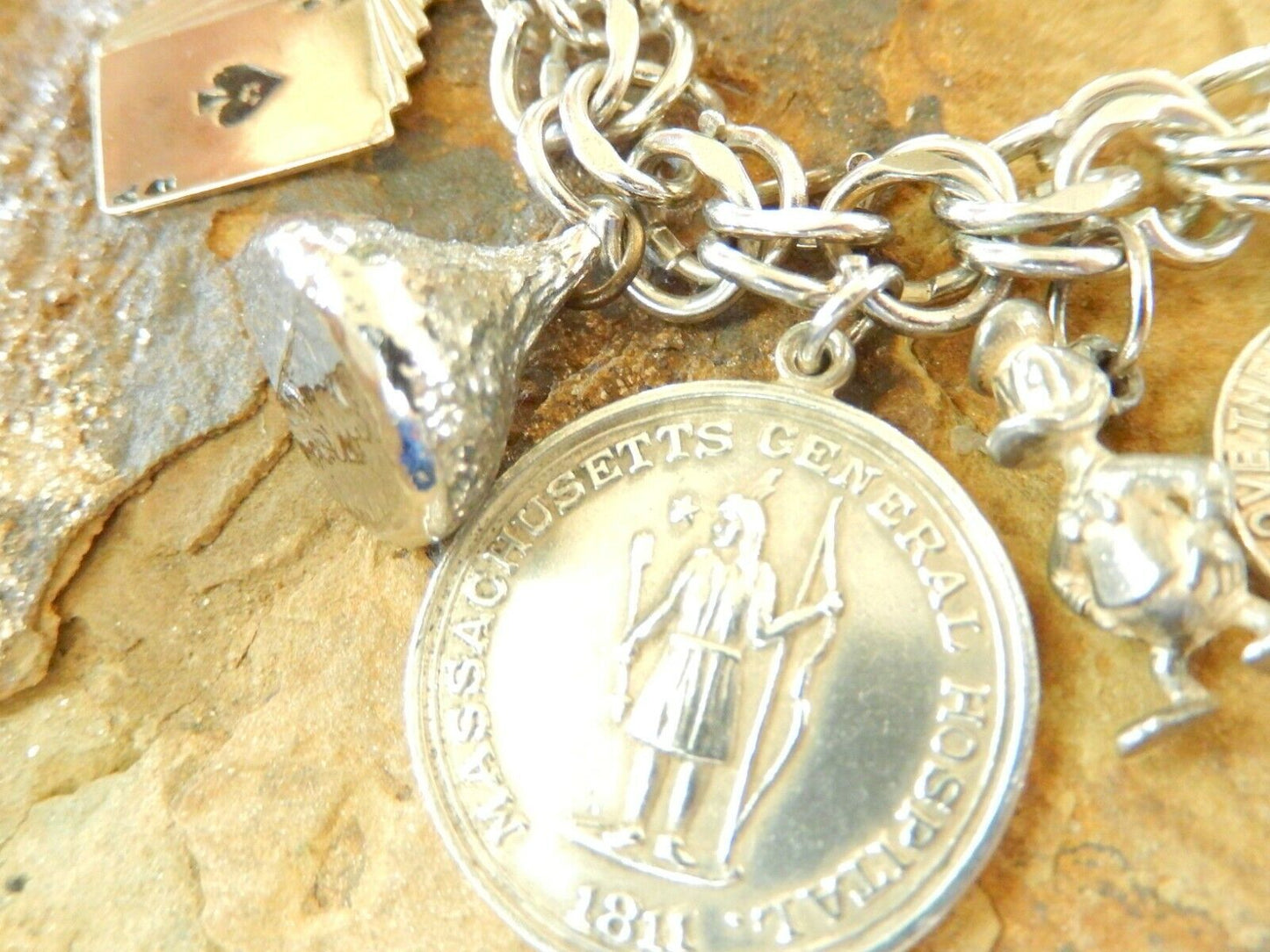 *VINTAGE *  JB Sterling Silver Heavy Dbl Link Charm Bracelet & 14 Mixed Charms