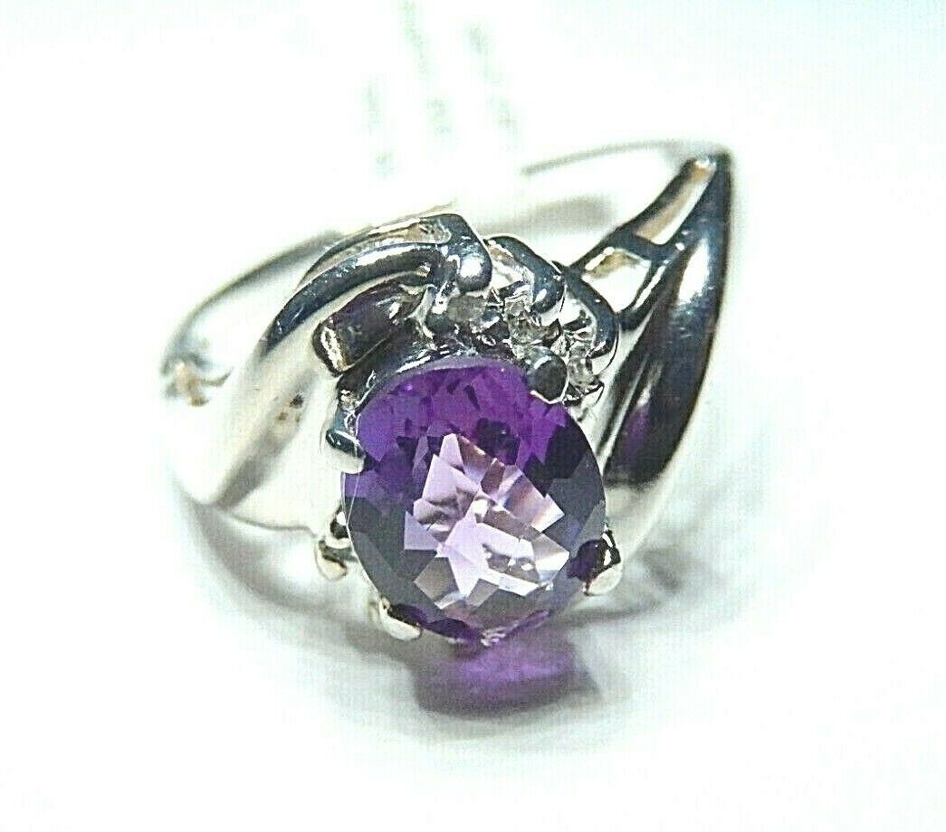 *NWT* 14k White Gold 1.50 CT Oval Amethyst & Diamond Bypass Ring Size 6.5