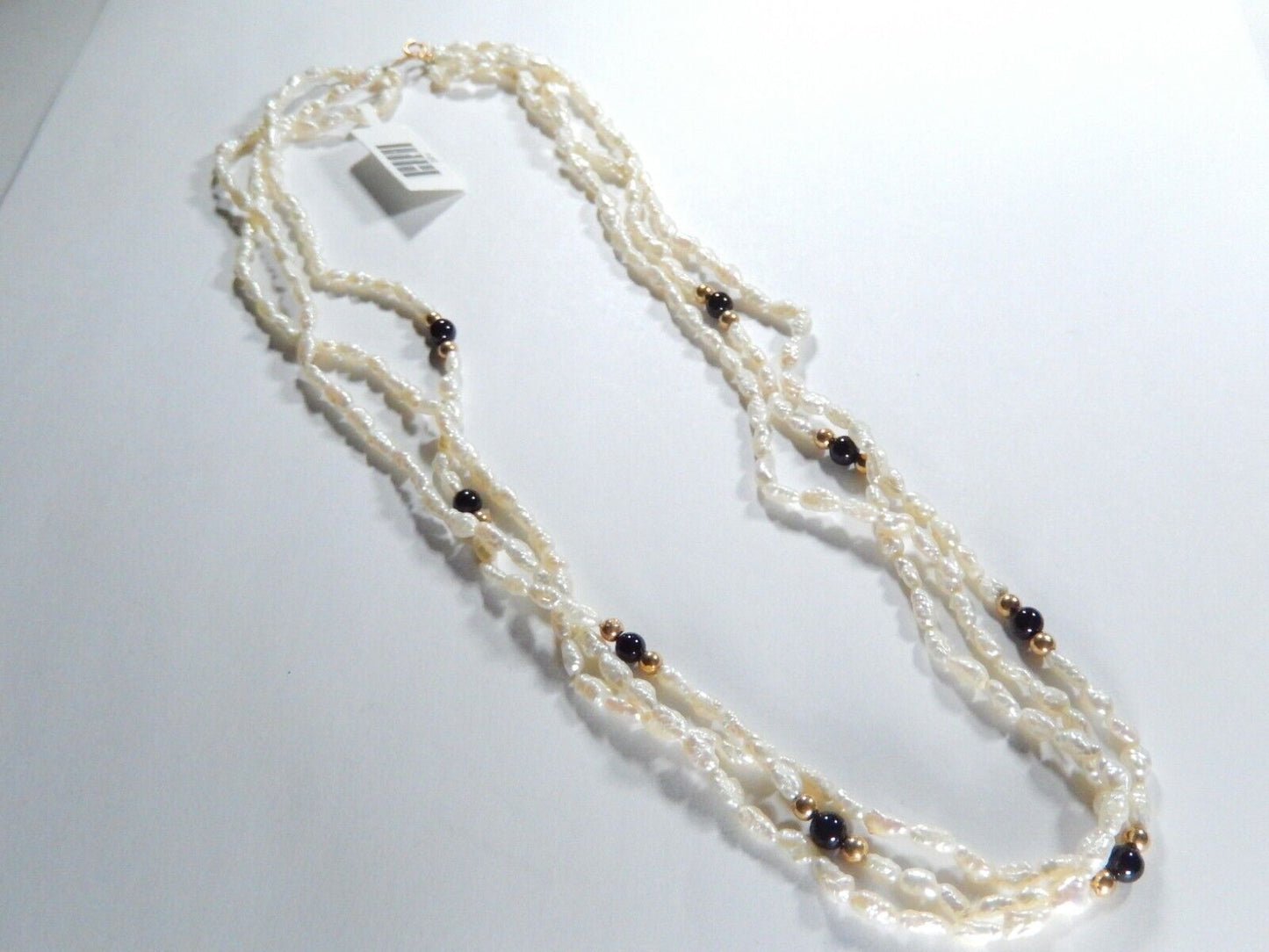 VINTAGE  16"  Genuine Rice Pearl and Gold Ball Three Strand Necklace w/14K Clasp