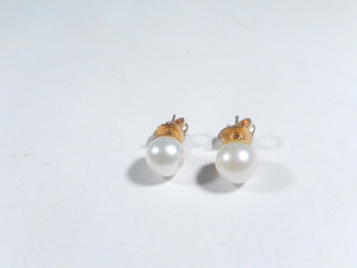 6mm White Round Cultured Pearl Push Back Stud Earrings 14K Yellow Gold